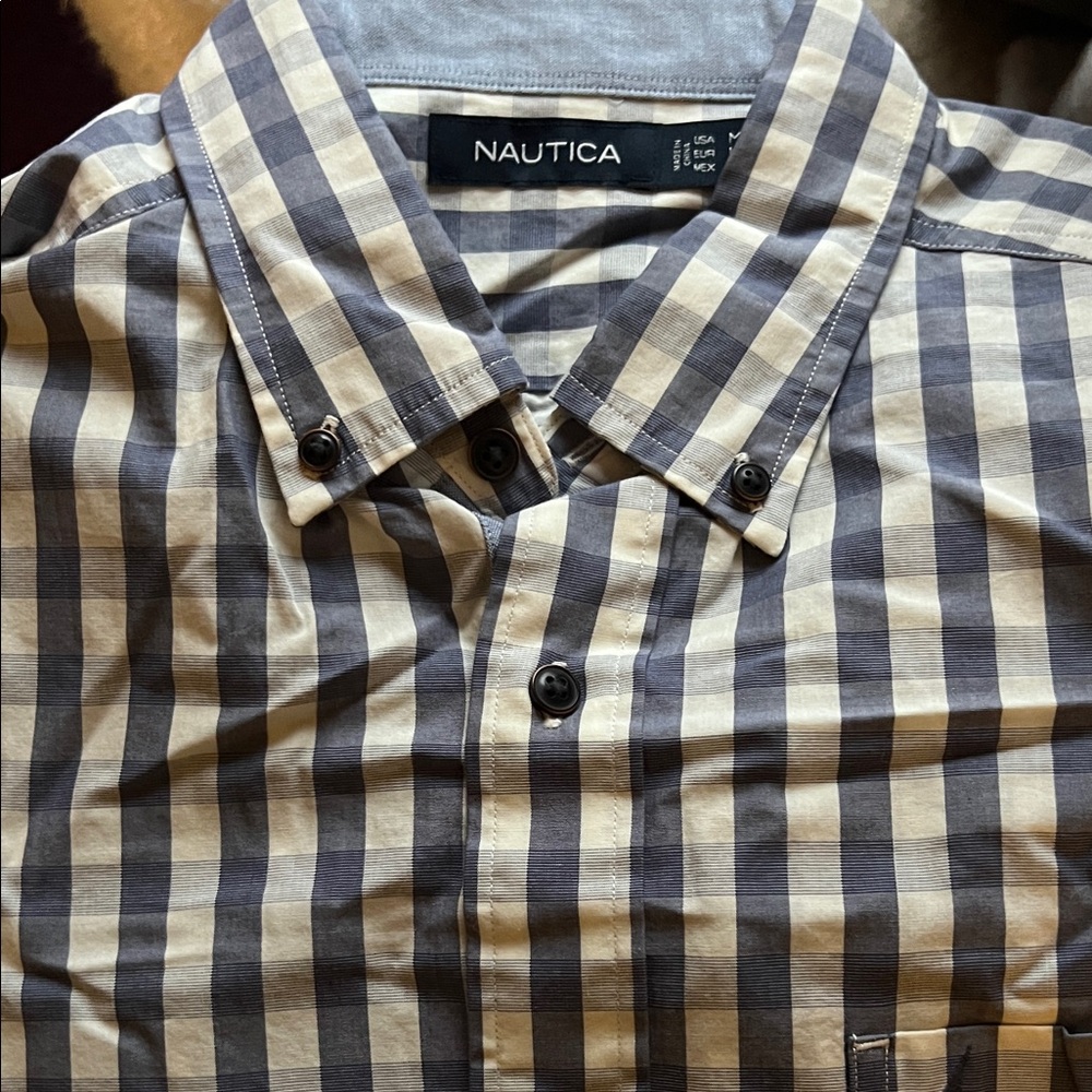 Nautica Men's Navy and White Plaid Shirt